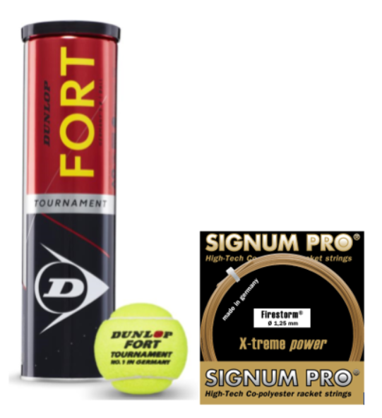 Dunlop Fort Tournament 4er mit 1 Set Signum Pro Firestorm 1.25