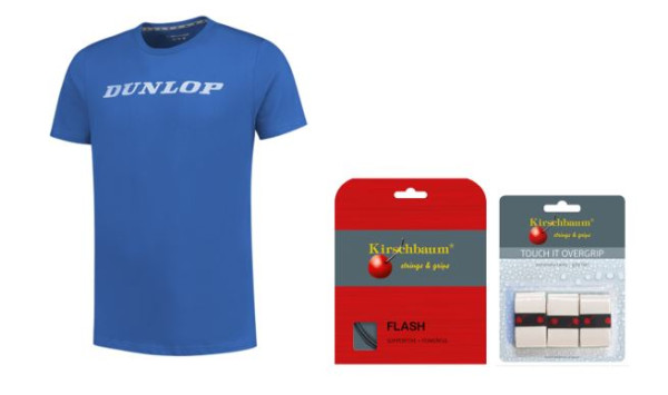 RAJ Junior Team Paket 2 Dunlop T-Shirt blau, KB Saite Flash 1.25, KB Griffband Touch It weiß