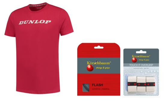 RAJ Junior Team Paket 6 Dunlop T-Shirt dark red, KB Saite Flash 1.25, KB Griffband Touch It weiß