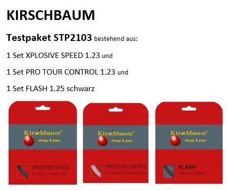 KIRSCHBAUM Saiten Testpaket STP2103: 1 Set Xplosive Speed 1.23 + 1 Set  Pro Tour Control 1.23 + 1 Set Flash 1.25 schwarz
