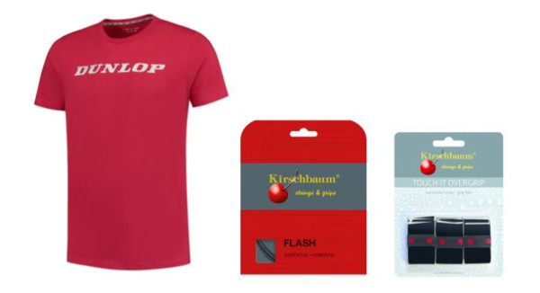 RAJ Junior Team Paket 5 Dunlop T-Shirt dark red, KB Saite Flash 1.25, KB Griffband Touch It schwarz