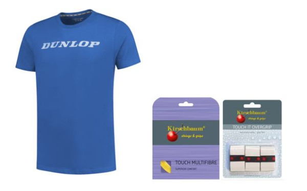 RAJ Junior Team Paket 4 Dunlop T-Shirt blau, KB Saite Touch Multifibre 1.30, KB Griffband Touch It weiß