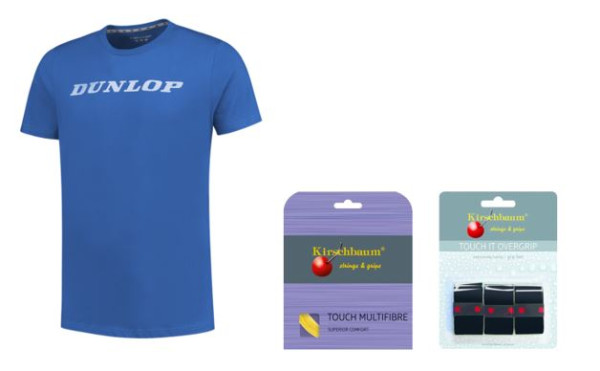 RAJ Junior Team Paket 3 Dunlop T-Shirt blau, KB Saite Touch Multifibre 1.30, KB Griffband Touch It schwarz